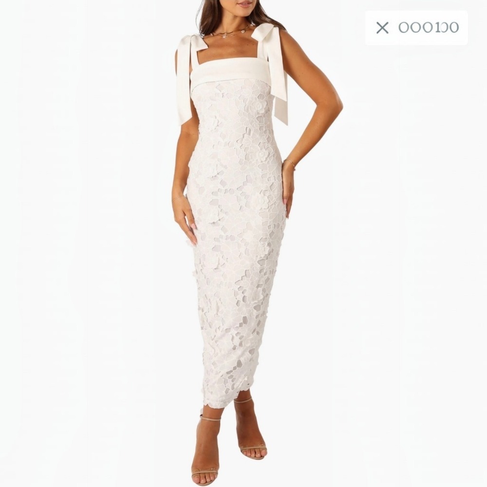 White Lace Midi Dress with Tie-Shoulder Straps